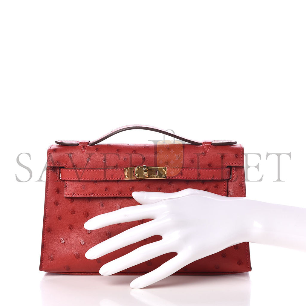 H**mes master kelly pochette bag rouge vif red ostrich clutch gold hardware (22*14*7cm)